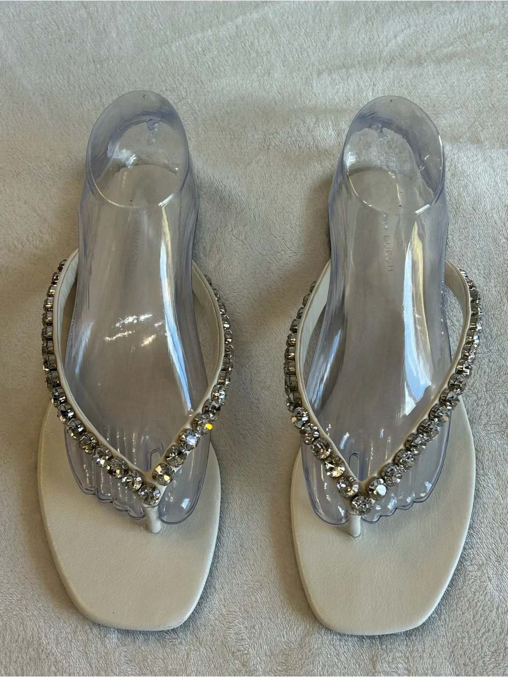Tory Burch Crystal-Embellished White Thong Sandals Ivory Leather Women’s Size 9M